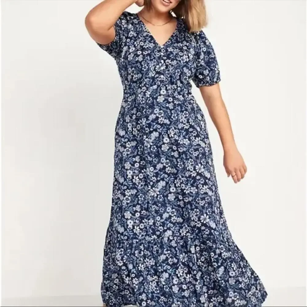Old Navy Blue Floral Print Puff Sleeve All-Day Spring Long Maxi Dress- Size XL - Picture 2 of 9
